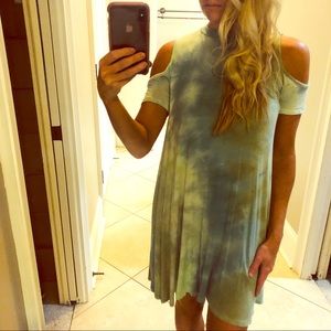 Tie Dye (green/blue) cold shoulder dress Small